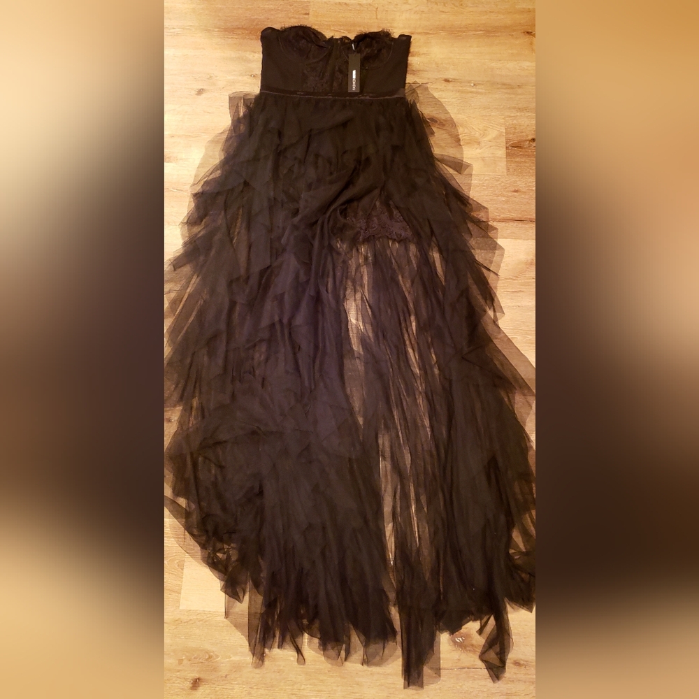FASHION NOVA Black Corset, lace, and mesh high split dress SZ LARGE NWT